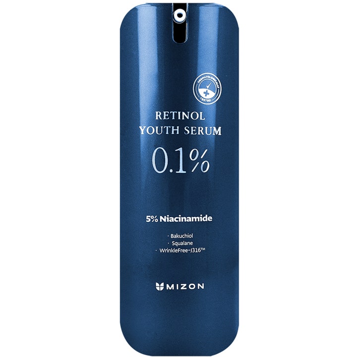 Mizon Retinol Youth Serum 0.1% anti aging serum med retinol i en metallglänsande blå pumpflaska.