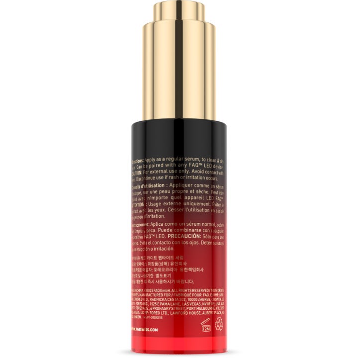 FAQ Swiss FAQ™ Red Light Peptide Serum 30 ml peptidserum i röd flaska med guldpump och baksidans instruktionstext