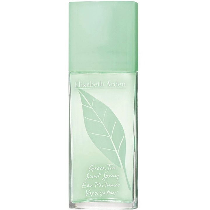 Elizabeth Arden Green Tea scent spray 50ml uppfriskande parfym i en ljusgrön glasflaska prydd med ett vitt löv