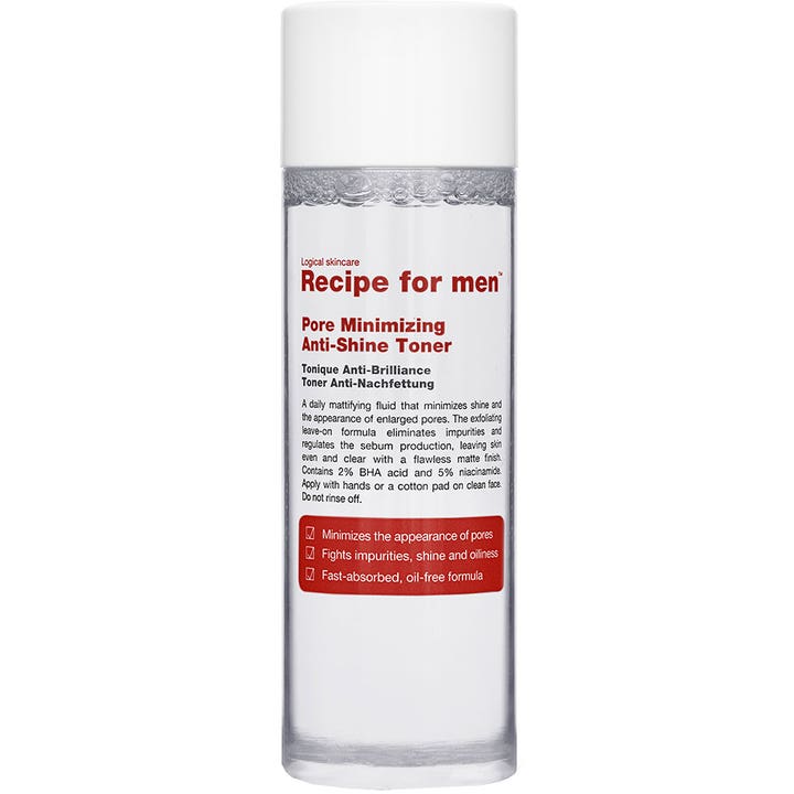 Recipe for men Pore Minimizing Anti-Shine Toner 100 ml exfolierande ansiktstoner för män i genomskinlig flaska.