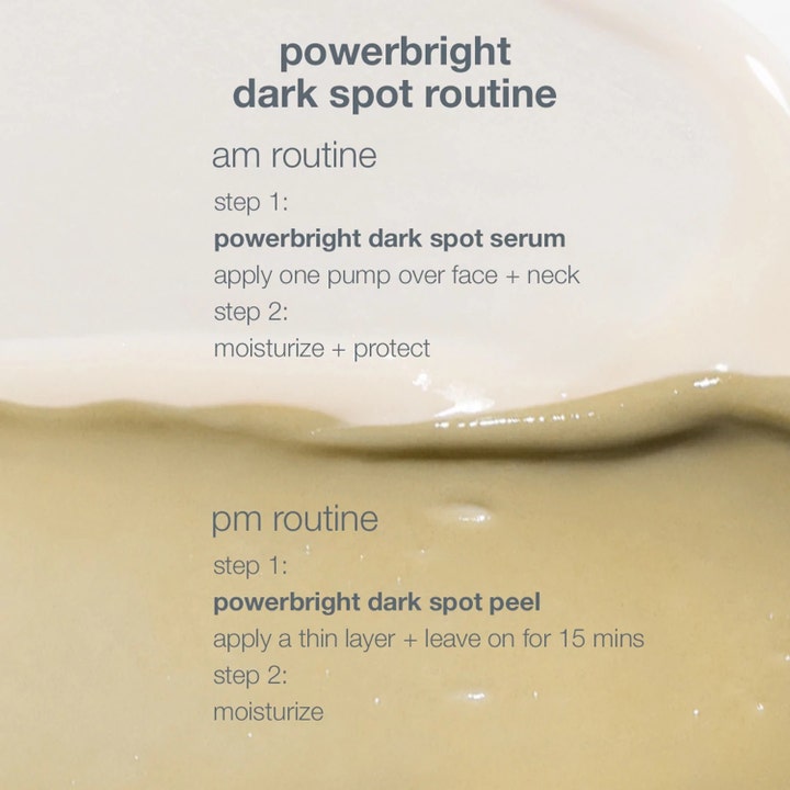 Dermalogica PowerBright Dark Spot System pigmentfläckar kräm visar krämiga texturer för serum och peel med rutinguide