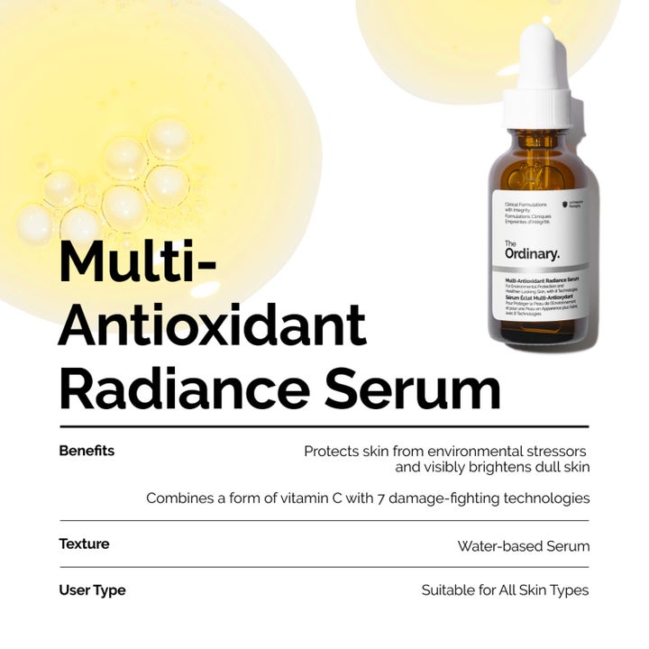 The Ordinary Multi-Antioxidant Radiance Serum 30 ml ger lyster i brun glasflaska bredvid gul textur.
