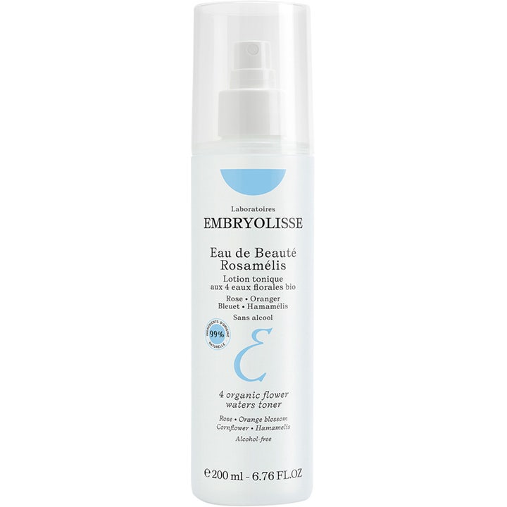 Embryolisse Eau de Beauté Rosamélis 200 ml alkoholfritt rosvatten ger lyster i vit sprayflaska med transparent lock.