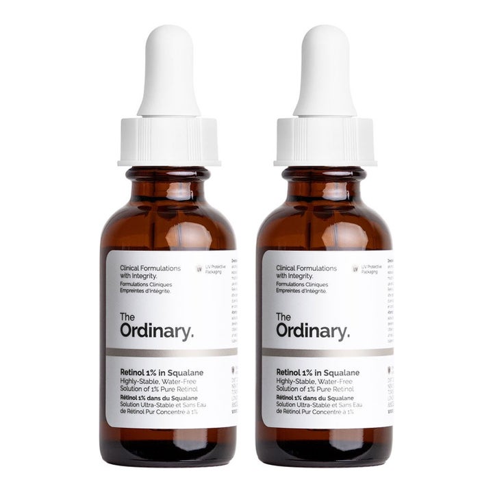 The Ordinary Retinol 1% in Squalane 2x30 ml mot ålderstecken i två bruna glasflaskor med vita pipettkorkar