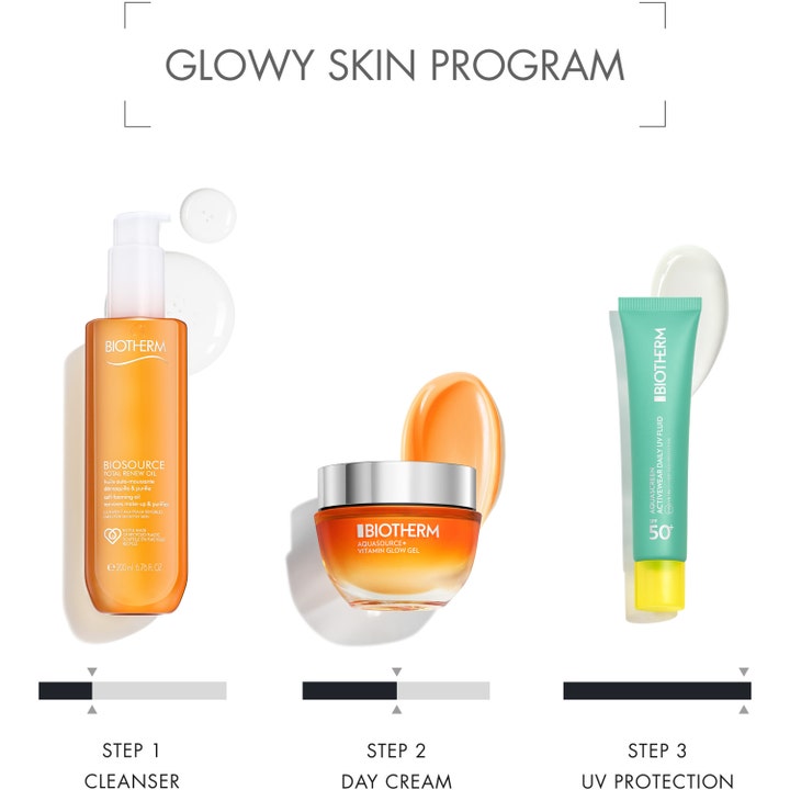 Biotherm Aquasource Vitamin Glow 50 ml lystergivande dagkräm i en trestegsrutin med rengöringsolja och SPF 50.