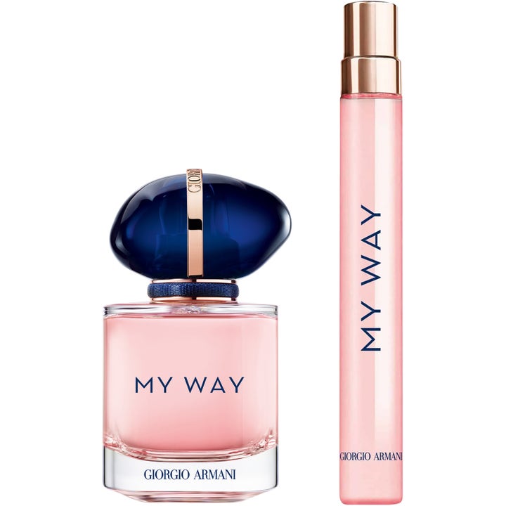 Armani My Way Spring Set 1 st gåvoset parfym dam med rosa vätska i glasflaska med blått lock och en resespray