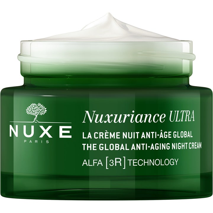 Nuxe Nuxuriance Ultra 50 ml närande anti-age balm i en grön glasburk med krämig vit textur.