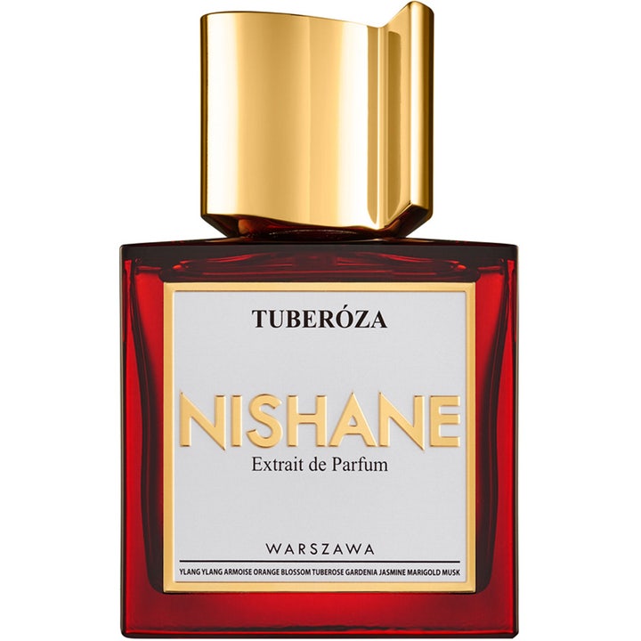 Nishane Tuberoza Extrait de Parfum 50 ml blommig damparfym i röd glasflaska med ett guldfärgat lock