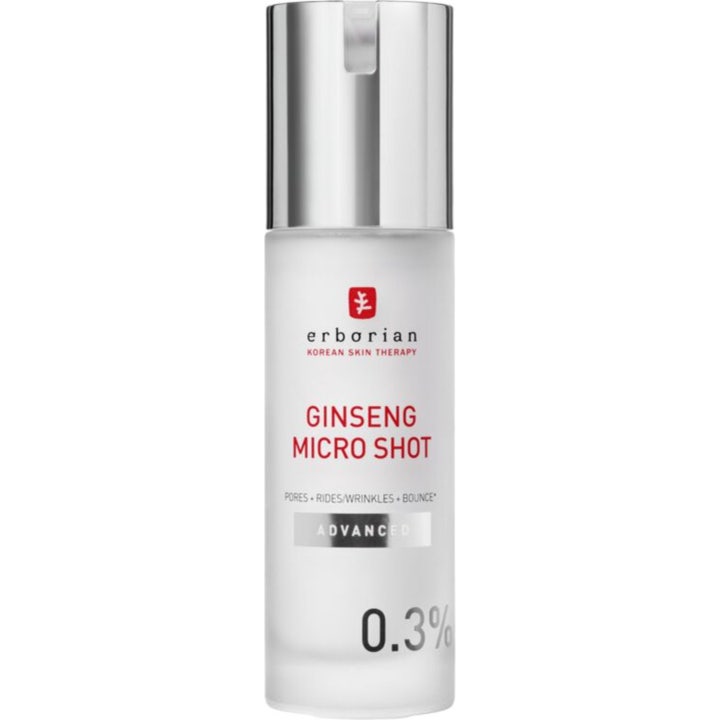 Erborian Ginseng Micro Shot 30 ml serum för slätare hud i frostad glasflaska med stilren silverpump.