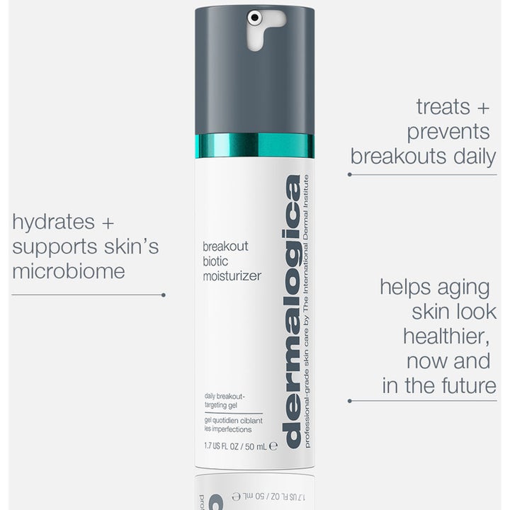 Dermalogica Breakout Biotic Moisturizer 50 ml återfuktande ansiktskräm i vit pumpflaska med grått lock.