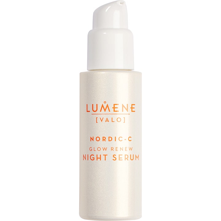 Lumene Nordic-C Glow Renew Night Serum förnyande nattserum som ger lyster i en vit skimrande flaska med pump.