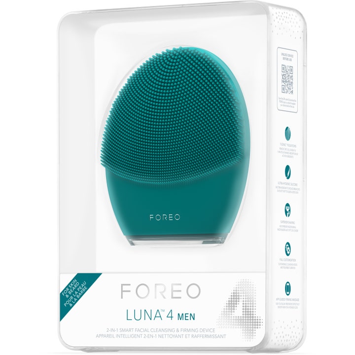 FOREO LUNA 4 Men Blue 1 st beauty tech i vit ytterförpackning ger djup FOREO ansiktsrengöring för män med t-sonic.