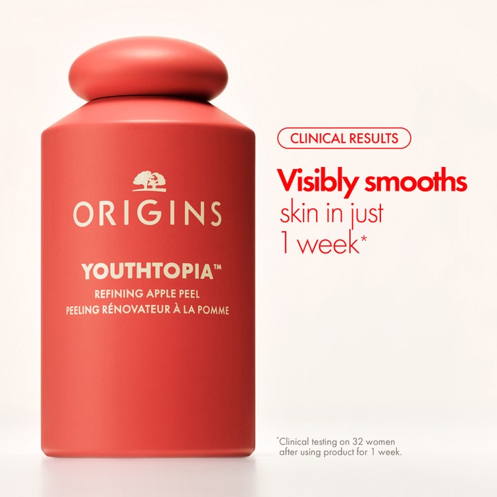 Origins Youthtopia Refining Apple Peel 100 ml ansiktspeeling i röd flaska som ger synligt slätare hy på en vecka