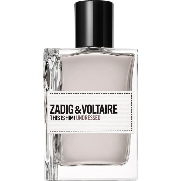 Zadig & Voltaire This is Him Undressed 50ml Eau de Toilette i en genomskinlig glasflaska med svart lock och vit etikett