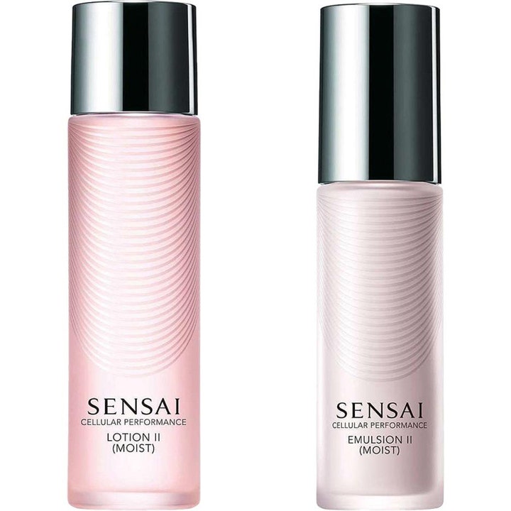 Sensai Cellular Performance Lotion II och Emulsion II återfuktande hudvård i rosa flaskor med vågmönster och silverlock