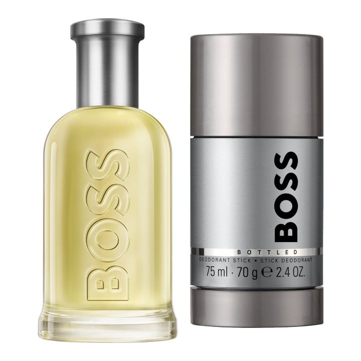 Hugo Boss Boss Bottled gåvoset 100ml och 75ml gåvoset herr daglig parfym i genomskinlig glasflaska och grått deostick