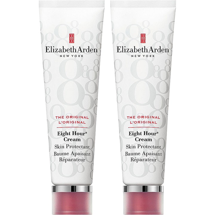Elizabeth Arden Eight Hour Cream Original skyddkräm för torr hud i två vita tuber med mönstrade åttor och silverlock