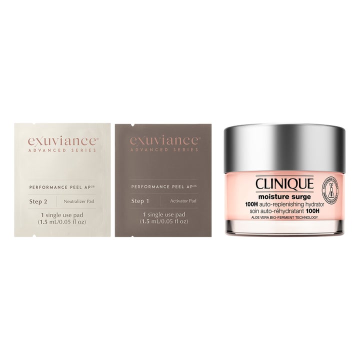 Exuviance Performance Peel 3ml och Clinique Moisture Surge 100H återfuktande kit med portionspåsar och rosa glasburk