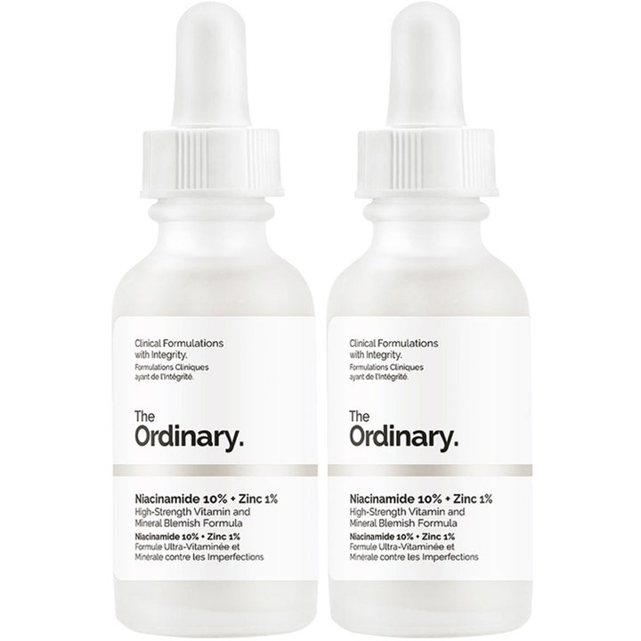 The Ordinary Niacinamide 10% + Zinc 1% 2x30ml balanserande ansiktsserum i två frostade glasflaskor med vita pipetter