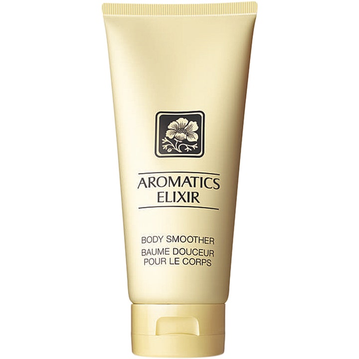 Clinique Aromatics Elixir Body Smoother 200 ml mjukgörande lyxlotion i en ljust beige tub med klassisk blomlogotyp