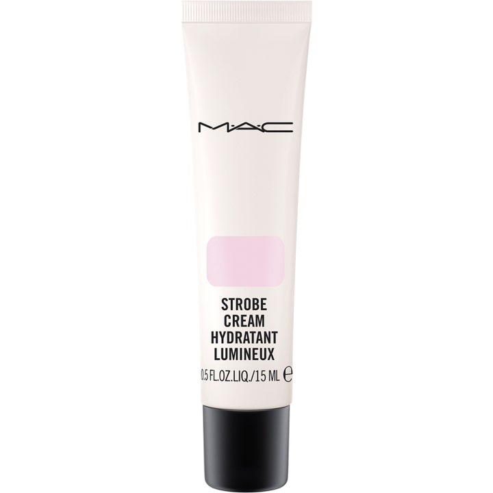 MAC Strobe Cream 15 ml lystergivande ansiktskräm i vit tub med svart lock och rosa rektangel för naturlig lyster