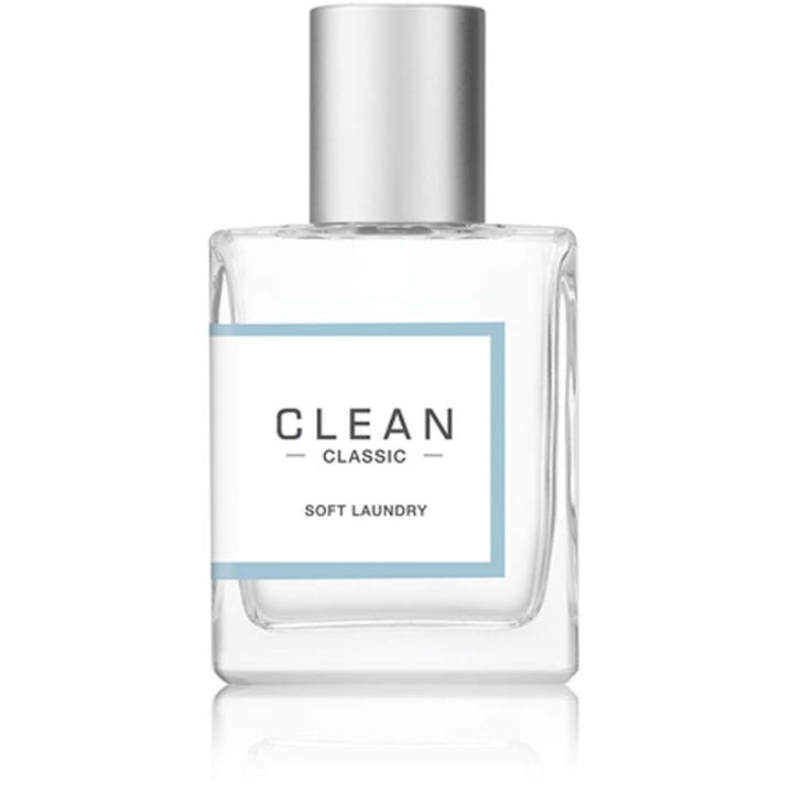 Clean Classic Soft Laundry 30ml fräsch parfym i en genomskinlig glasflaska med silverlock och blåvit etikett