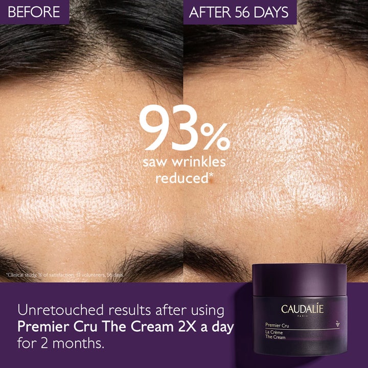 Caudalie Premier Cru The Cream 50 ml antiaging lyxkräm ger huduppstramning visar 93 procent färre rynkor före och efter.