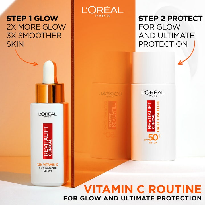 L'Oréal Paris Revitalift Clinical Daily UVA Fluid 50 ml solkräm visas som steg 2 i en vitamin C-rutin för lyster.