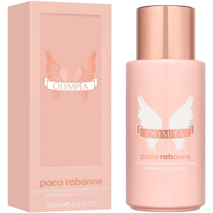 RABANNE Olympea Body Lotion 200 ml återfuktande kroppsvård i ljusrosa flaska med roséguldfärgad kork