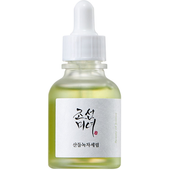 Beauty of Joseon Calming Serum 30ml anti-inflammatoriskt grönt te serum i glasflaska med vit pipettkork och ljusgrönt innehåll