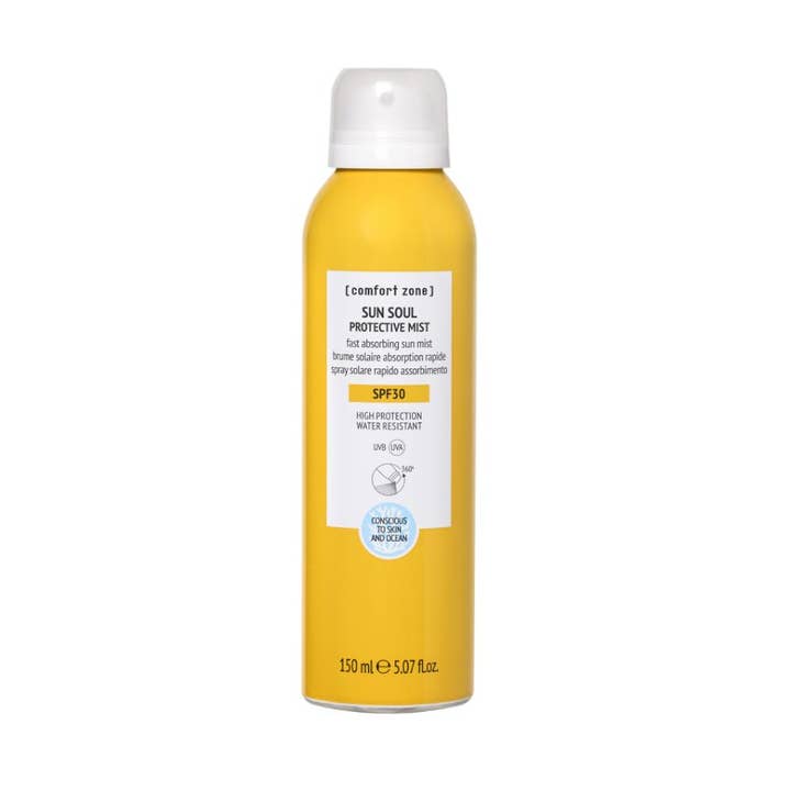 Comfort Zone Sun Soul Protective Mist 150 ml havsvänligt solskydd i gul sprayflaska med SPF30 och vitt lock.