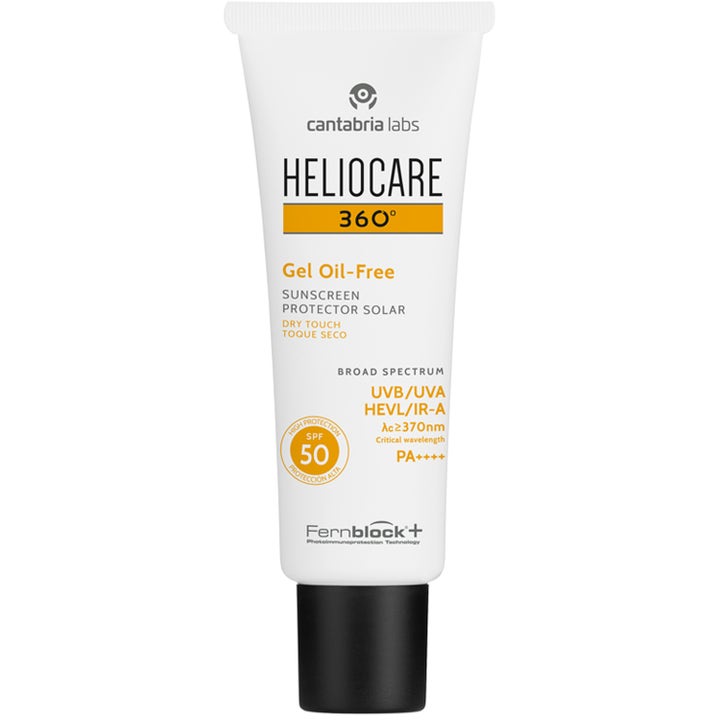 Heliocare 360 Gel Oil-Free SPF 50 kladdfri solkräm för fet hy i vit tub med svagt gult fält och svart lock.