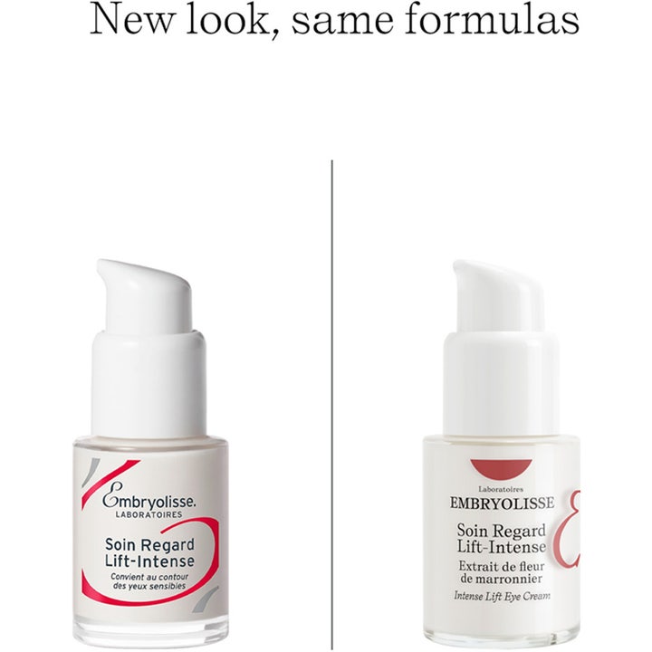 Embryolisse Intense Lift Eye Cream 15 ml anti-age ögonkräm mot rynkor i vita pumpflaskor med ny och gammal design.