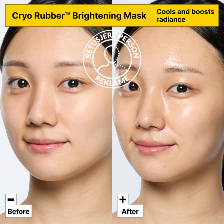 Dr.Jart+ Cryo Rubber Brightening Mask 36 g ansiktsmask ger lyster i en före och efter jämförelse med glowig finish.
