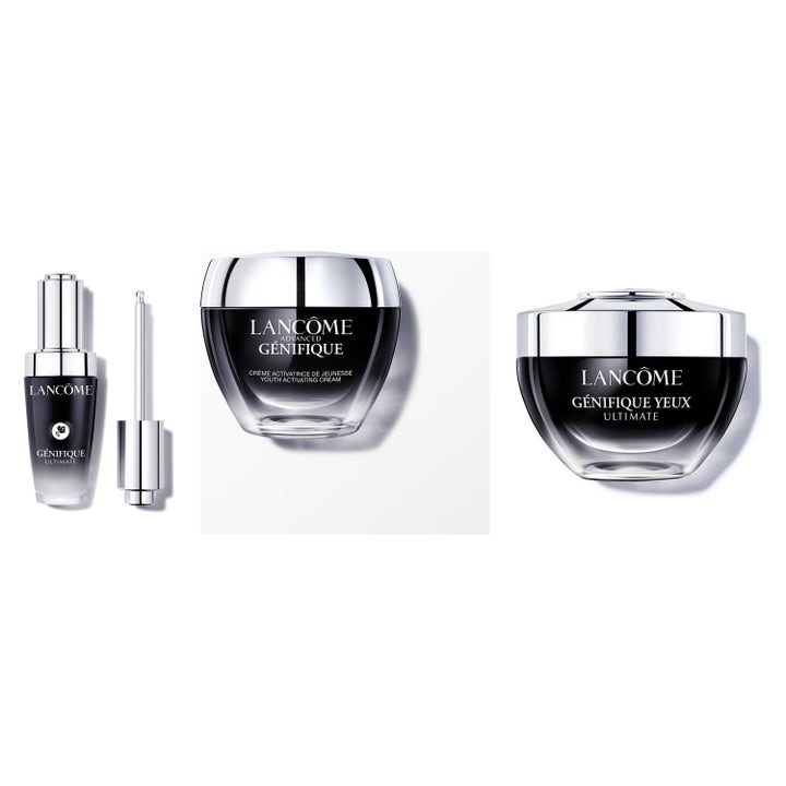 Lancôme Génifique hudvårdsset med ansiktskräm, ögonkräm och serum i svarta glasburkar med silverlock.