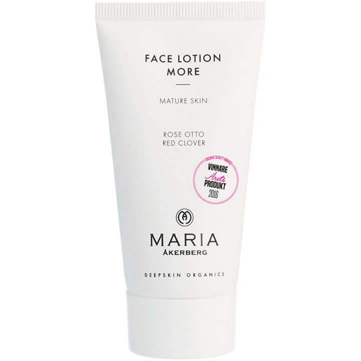 Maria Åkerberg Face Lotion More anti-age kräm som fungerar för mogen hy med rödklöver i en vit tub som ger spänst.