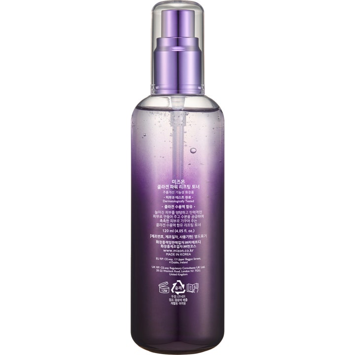 Mizon Collagen Power Lifting Toner 120 ml uppstramande toner i en lila tonad flaska med pump och klar kork.