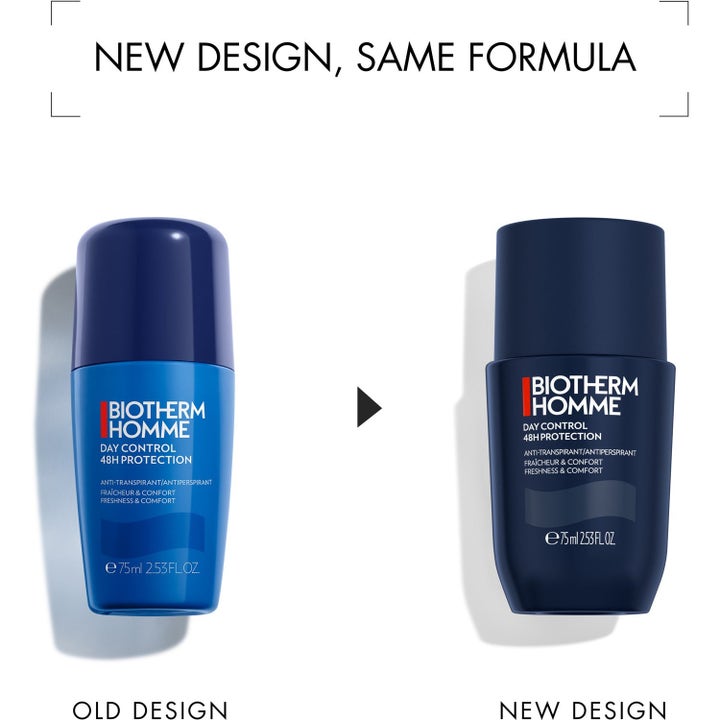 Biotherm Homme Day Control 48H Protection 4x75 ml visar gammal och ny mörkblå design med samma formula.