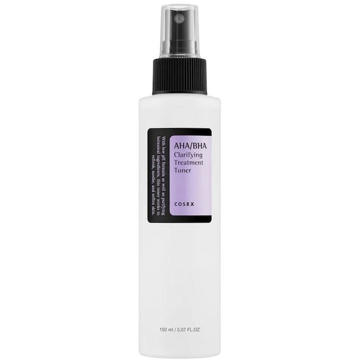 COSRX AHA/BHA Clarifying Treatment Toner 150 ml klarande toner i vit plastflaska med svart spraypump och lila etikett.