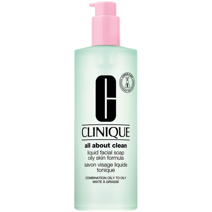 Clinique All About Clean Liquid Facial Soap 200ml ansiktsrengöring för fet hy i en mattgrön flaska med rosa pump.