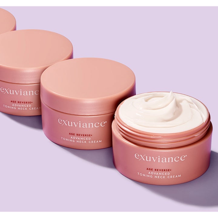 Exuviance Age Reverse Toning Neck Cream 125 g antiaging exuviance halskräm i rosa burk med krämig vit formula.