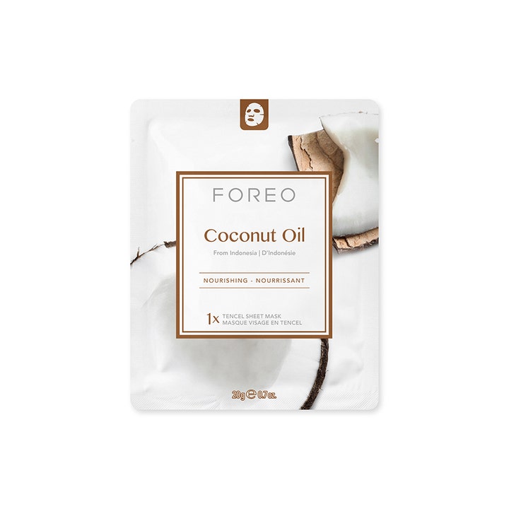 FOREO Farm To Face Coconut Oil 20 g återfuktande sheet mask med kokosolja ansikte i vit sachet med kokosnöt