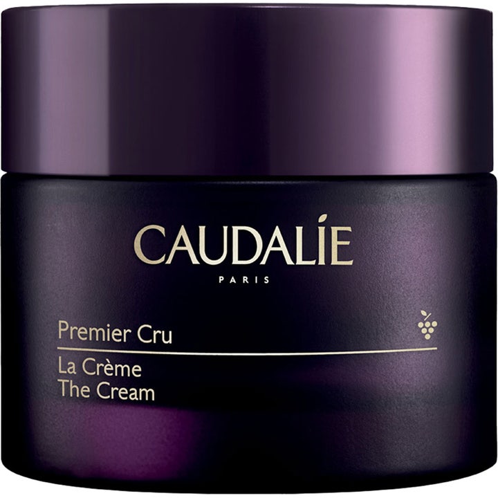 Caudalie Premier Cru The Cream 50 ml antiaging lyxkräm för huduppstramning i en mörklila glasburk med gulddetaljer.