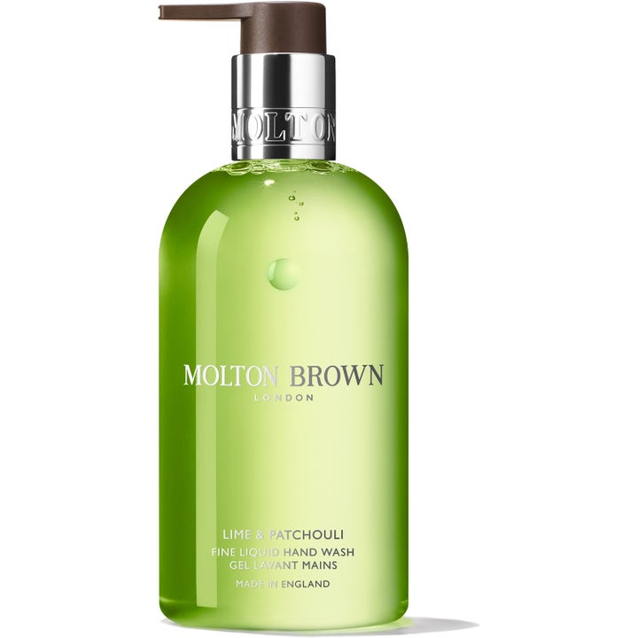 Molton Brown Lime & Patchouli Fine Liquid Hand Wash uppfriskande handtvål i genomskinlig pumpflaska med limegrön gel