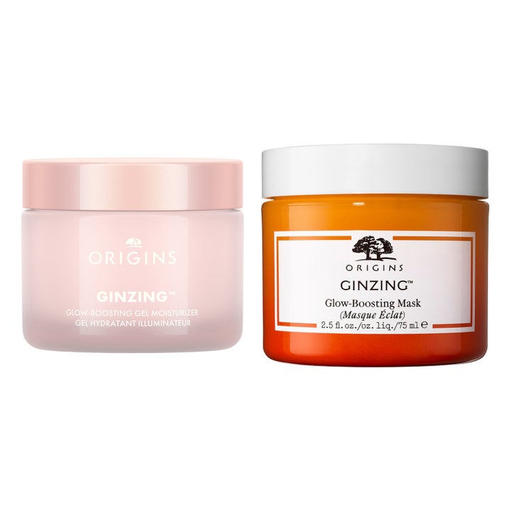 Origins GinZing Glow-Boosting Gel Moisturizer och Mask 75 ml ger lyster i ljusrosa och orange glasburk.