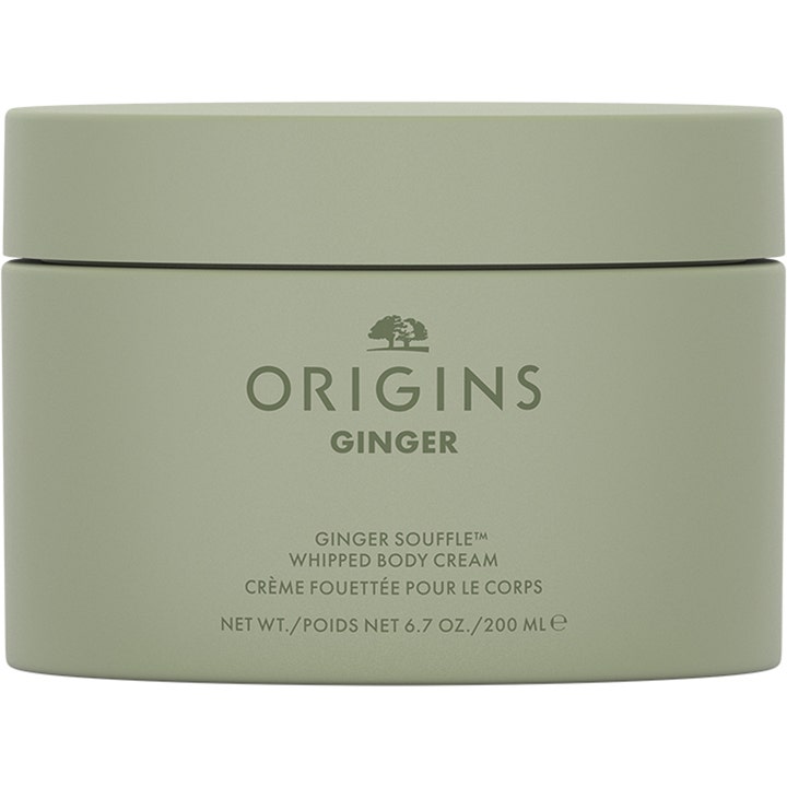 Origins Ginger Souffle Whipped Body Cream 200 ml mjukgörande kroppskräm i en matt olivgrön burk med lock
