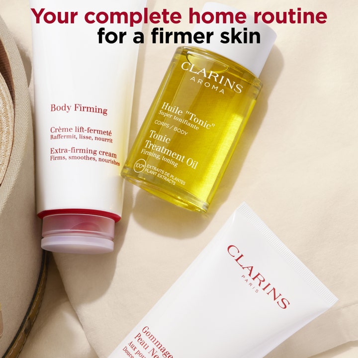 Clarins Body Firming 200 ml anti-aging kroppskräm tillsammans med Tonic Treatment Oil och peeling.