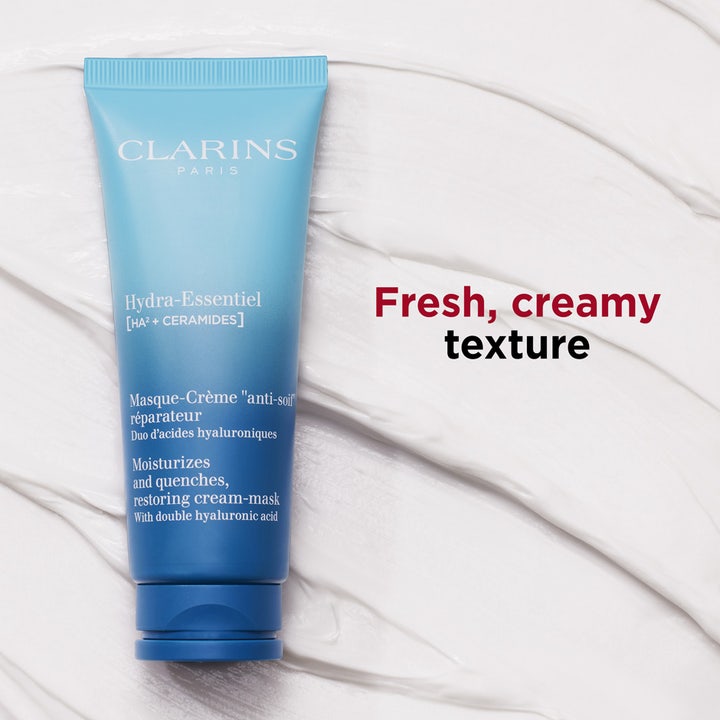 Clarins Hydra-Essentiel 75 ml fuktgivande ansiktsmask med dubbel hyaluronsyra och ceramider i blå tub
