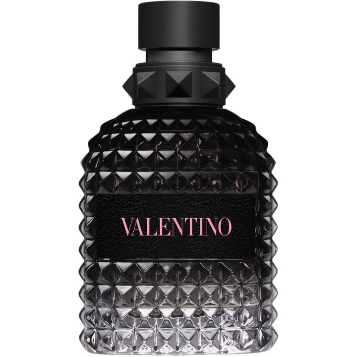 Valentino Born in Roma Uomo Eau de Toilette 50 ml herr parfym i svart glasflaska med nitar och rosa logotyp