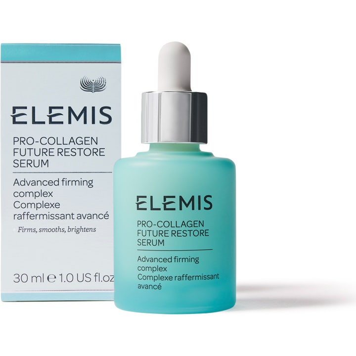 Elemis Pro Collagen Future Restore Serum 30 ml uppstramande ansiktsserum i ljusblå glasflaska med pipett.